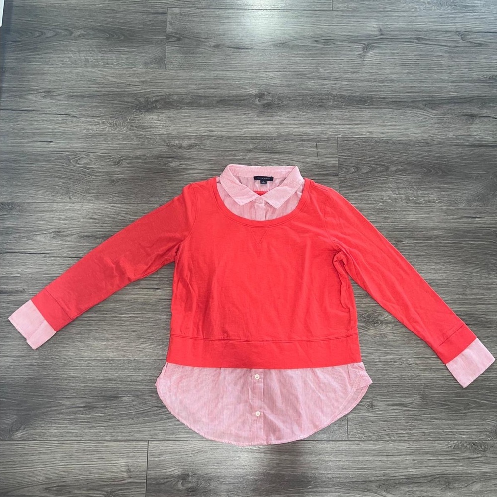 Tommy Hilfiger Women's Red Shirt with Striped Shirt-Layer Detail Size M